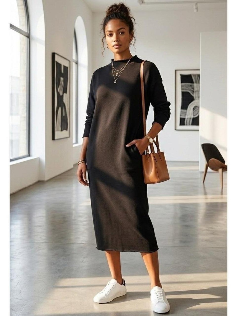 Frank & Eileen Tee Lab Dress Isabelle Black sweatshirt midi Mock Neck Cotton Sm